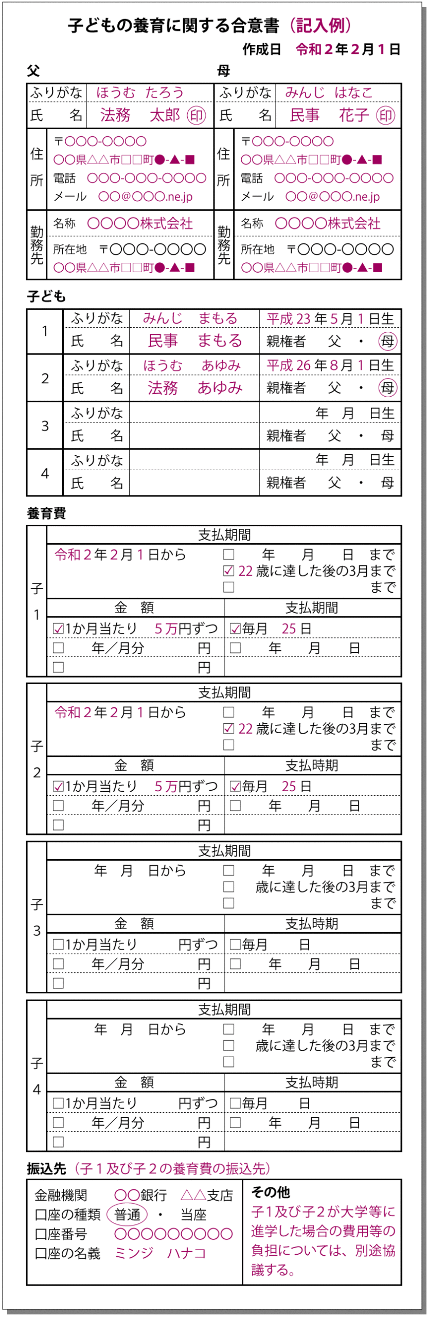 子どもの養育に関する合意書